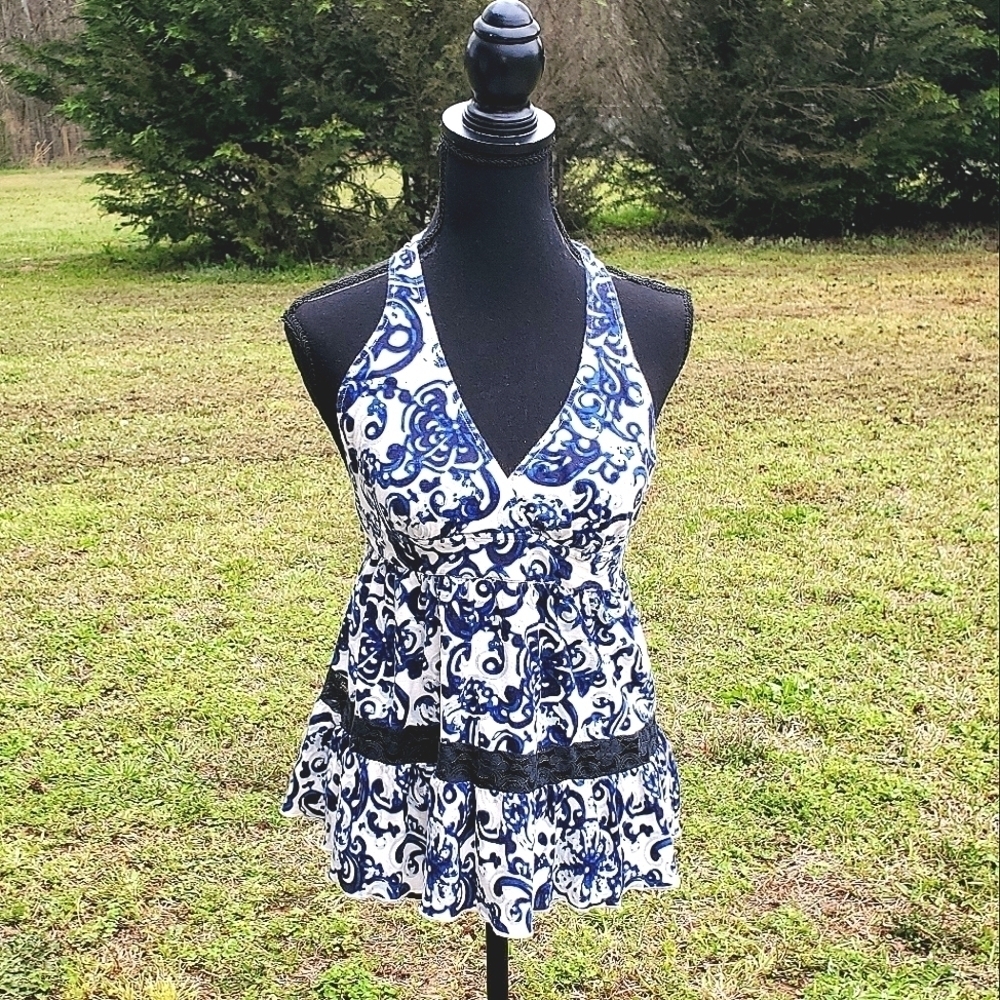 Blue & White Vibrant Open Back Halter Top Small